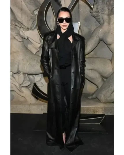 Dua Lipa 80s Paris FW Oversized Black Leather Long Coat