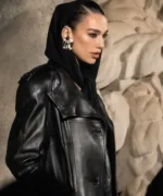 Dua Lipa 80s Paris FW Oversized Black Leather Long Coat