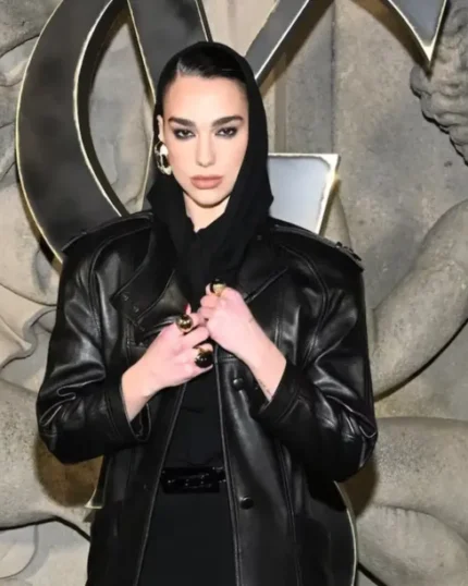 Dua Lipa 80s Paris FW Oversized Black Leather Long Coat