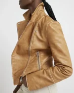 Brown Faux Leather Distressed Biker Jacket