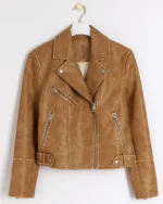 Brown Faux Leather Distressed Biker Jacket