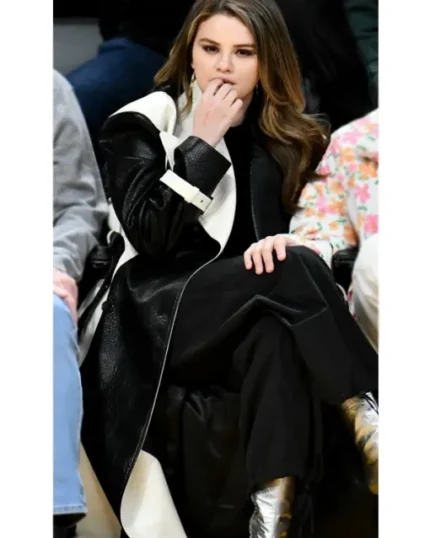 Selena Gomez Black and White Leather Trench Coat