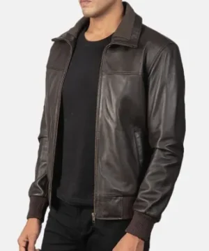 Enzo Vintage Rib Knit Brown Leather Bomber Jacket