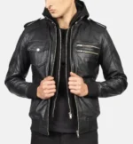 Men Orlan Black Motorcycle Leather Hooded Bomber Jacket