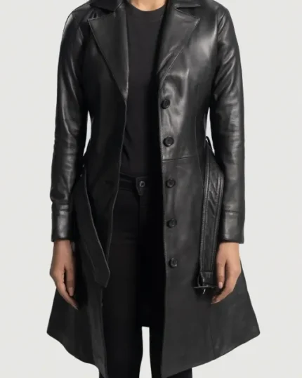 Abigail Black Leather Trench Coat