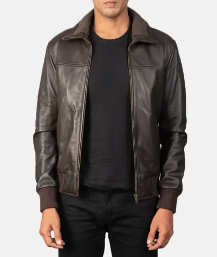 Enzo Vintage Rib Knit Brown Leather Bomber Jacket