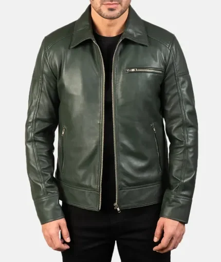 Men's Atlas Quilted Slim-Fit Green Leather Biker Jacket