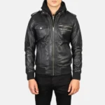 Men Orlan Black Motorcycle Leather Hooded Bomber Jacket