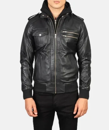 Men Orlan Black Motorcycle Leather Hooded Bomber Jacket