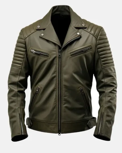 Men’s Army Green Leather Biker Jacket