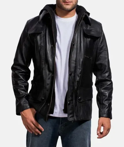 Huxley Black Leather Hooded Jacket