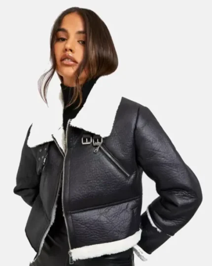 Women Black Leather Shearling Jacket