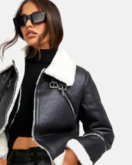 Women Black Leather Shearling Jacket