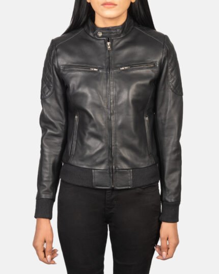 Ella Black Leather Bomber Jacket