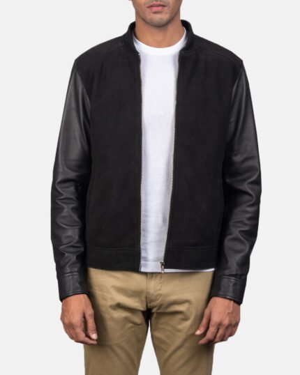 Black Suede Leather Hybrid Bomber Jacket