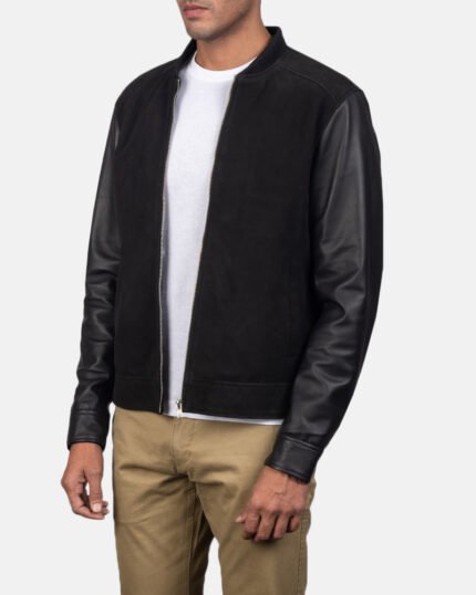 Black Suede Leather Hybrid Bomber Jacket