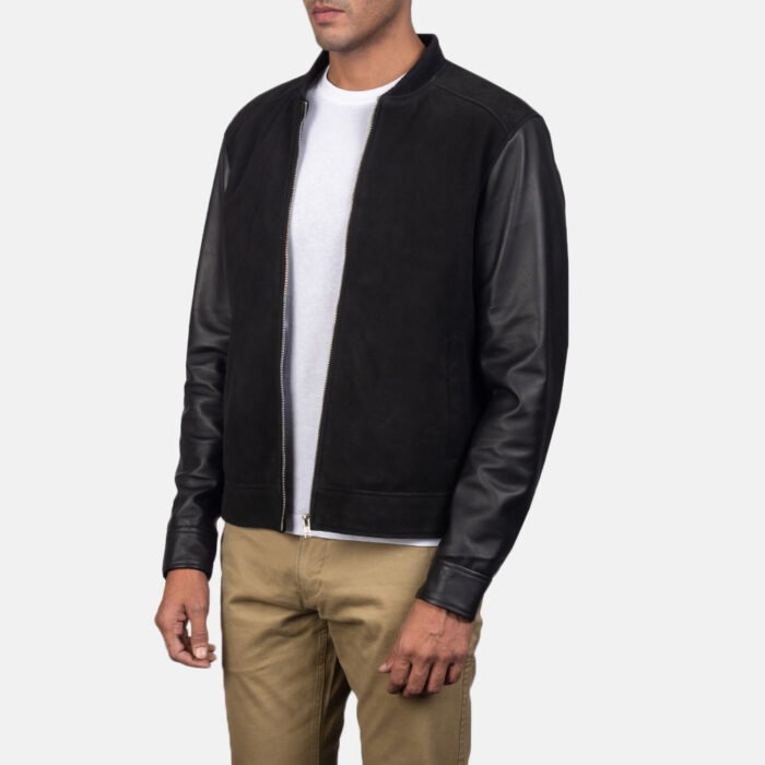 Black Suede Leather Hybrid Bomber Jacket