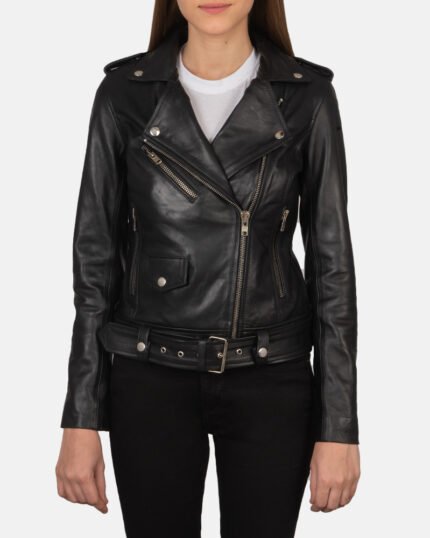 Women Belted Biker Leather Jacket