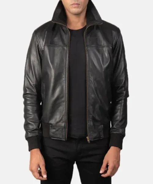 Enzo Black Leather Bomber Jacket