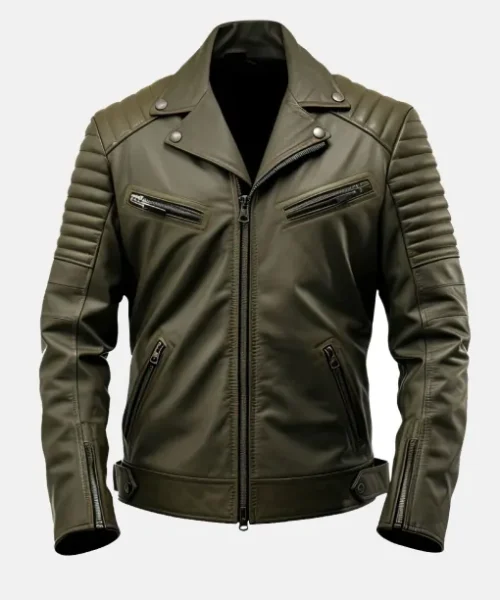 Men’s Army Green Leather Biker Jacket